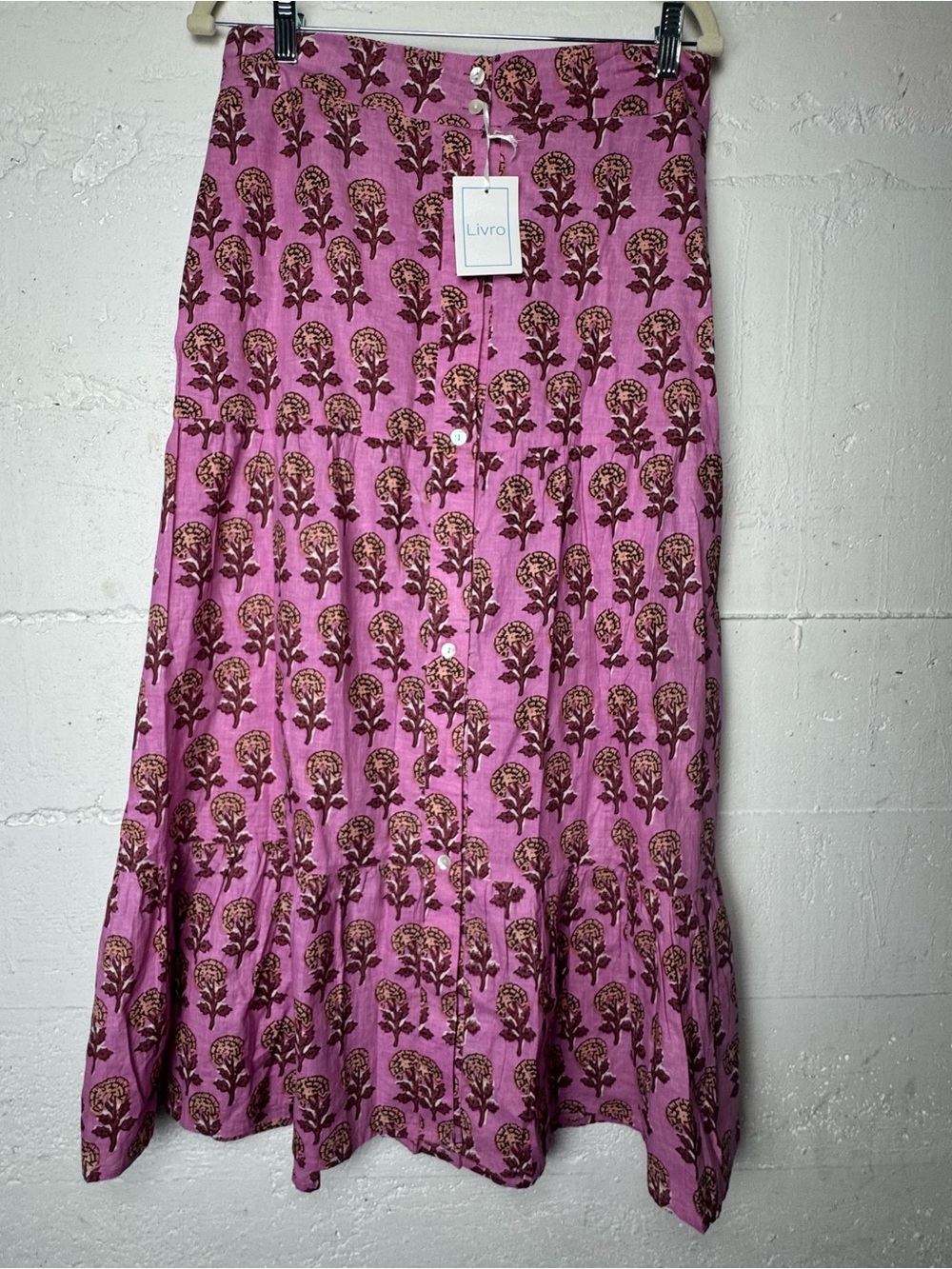 Livro Cotton Market Skirt Pink Floral Button Front Maxi Large Boho Made in India